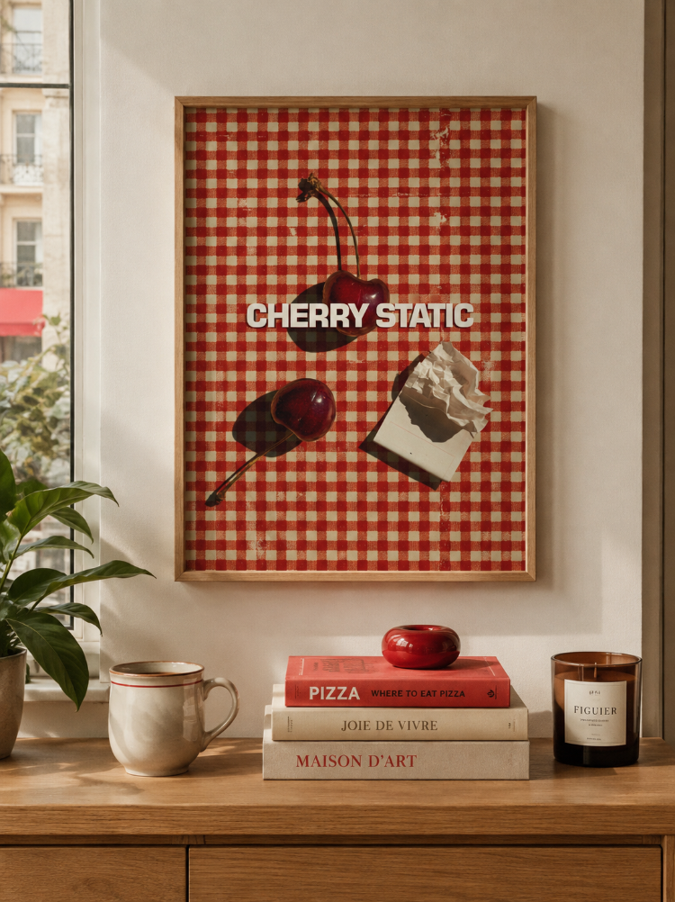 CHERRY STATIC – Retro Kiraz ve Dama Desenli Poster