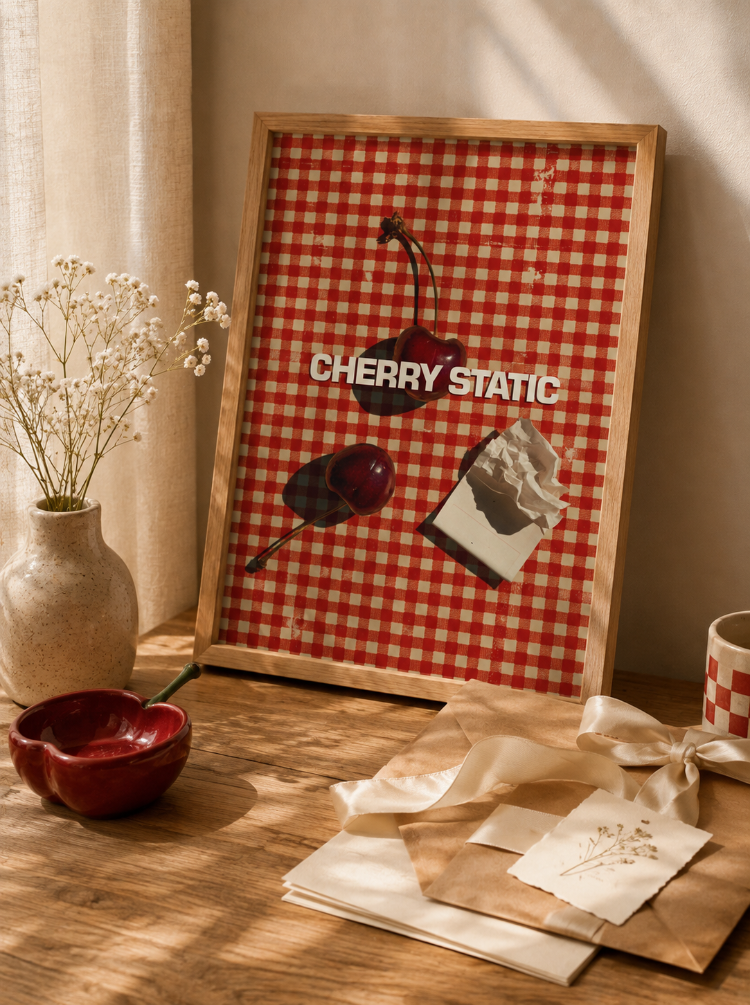 CHERRY STATIC – Retro Kiraz ve Dama Desenli Poster