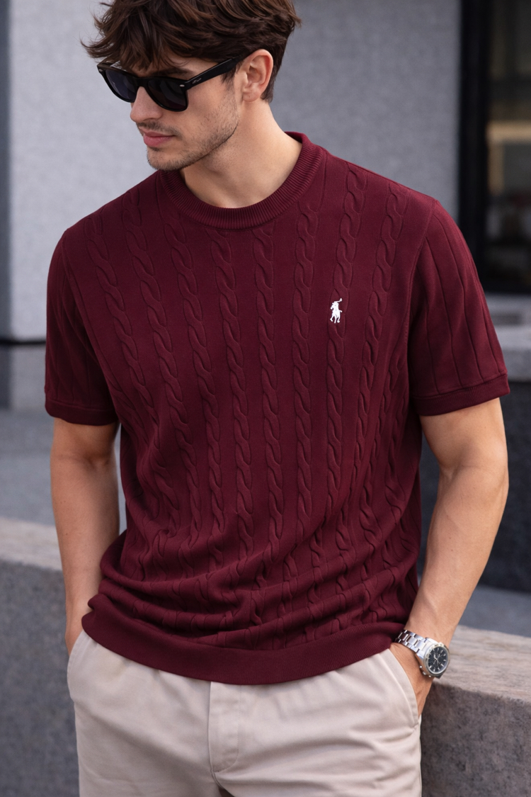 Polo Ralphlauren-Bordo-Örgü-Bisiklet Yaka-Triko Döküm-