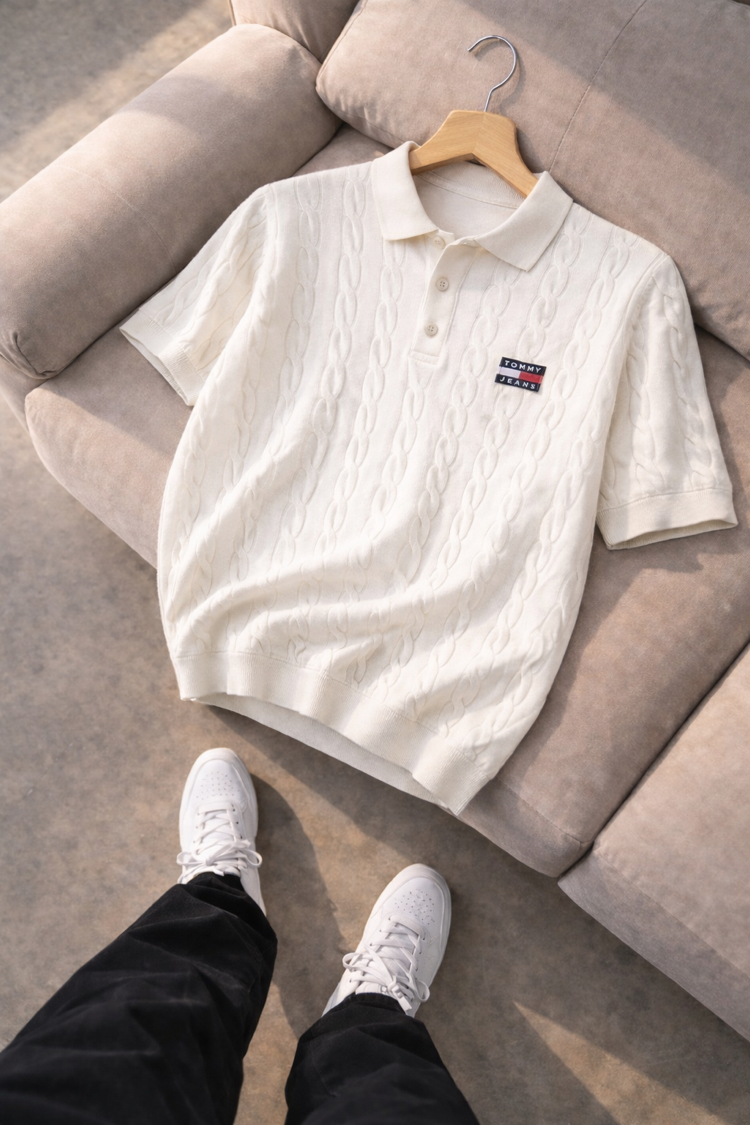 Tommy Hilfiger-Ekru Beyaz-Örgü-Triko Döküm-Yakalı 