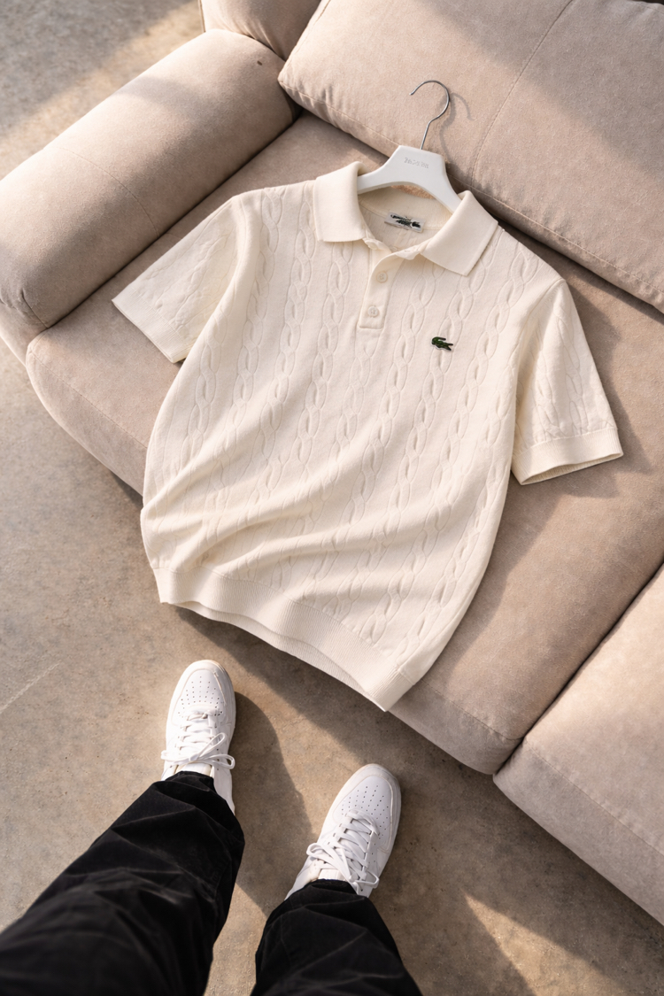 Lacoste-Ekru Beyaz-Örgü-Triko Döküm-Yakalı