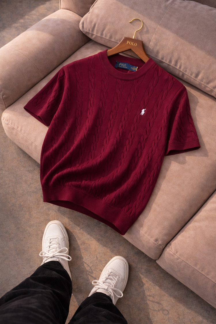 Polo Ralphlauren-Bordo-Örgü-Bisiklet Yaka-Triko Döküm-