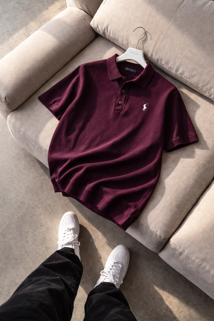 Polo Ralphlauren-Düz-Bordo-Triko Döküm-Yakalı