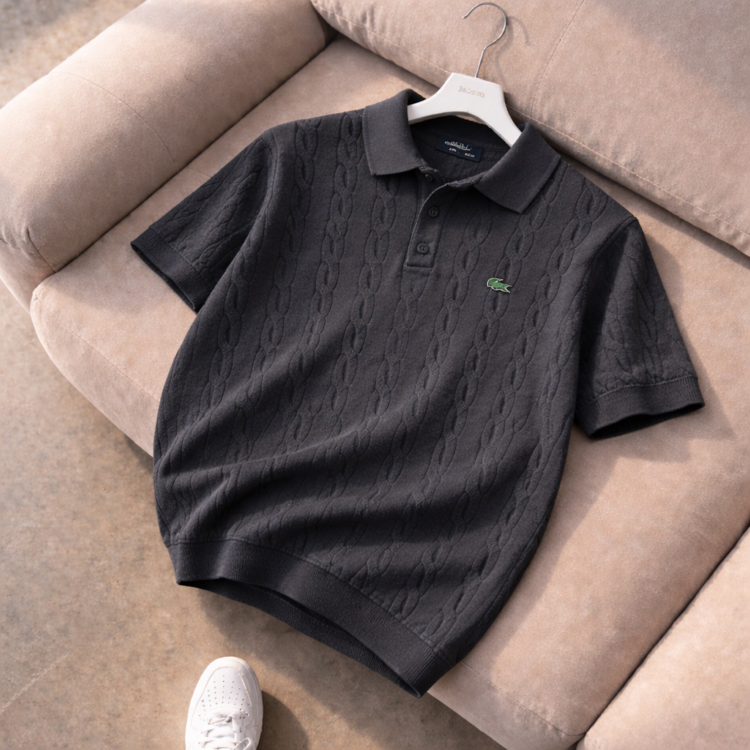 Lacoste-Gri-Örgü-Triko Döküm-Yakalı