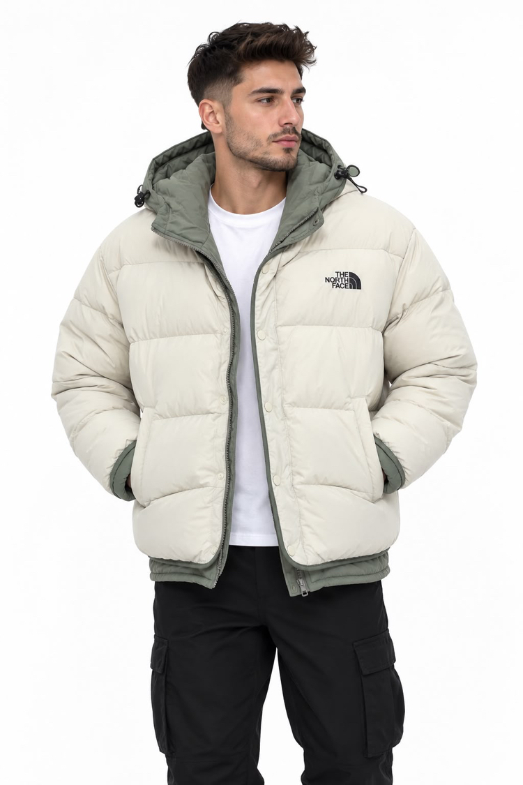 The North Face Erkek Kapşonlu, İki Renkli Şişme Mont – Kırık Beyaz ve Haki Yeşil