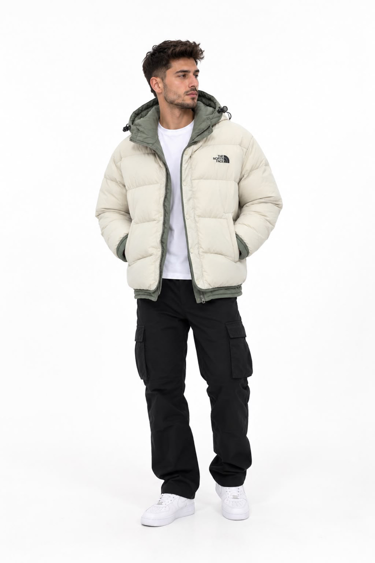 The North Face Erkek Kapşonlu, İki Renkli Şişme Mont – Kırık Beyaz ve Haki Yeşil