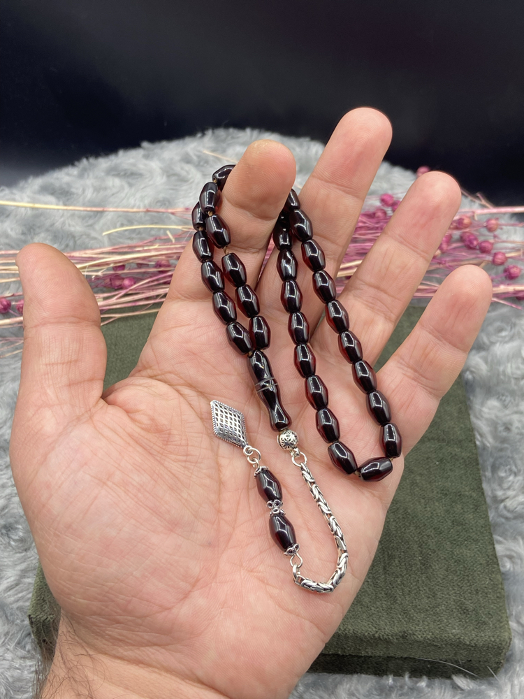 925 AYAR GÜMÜŞ PÜSKÜLLÜ 6x10 mm OSMANLI BENZETME ATEŞ KEHRİBAR