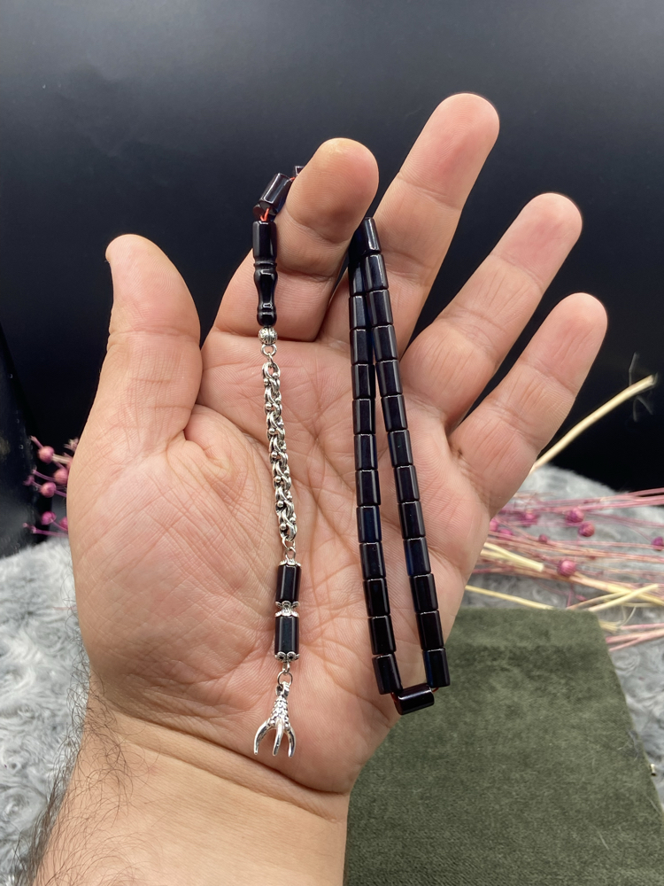6x10 mm MAVİ SİYAH HARELİ KESME ATEŞ KEHRİBAR KAPLAMA PÜSKÜLLÜ KARTAL PENÇELİ