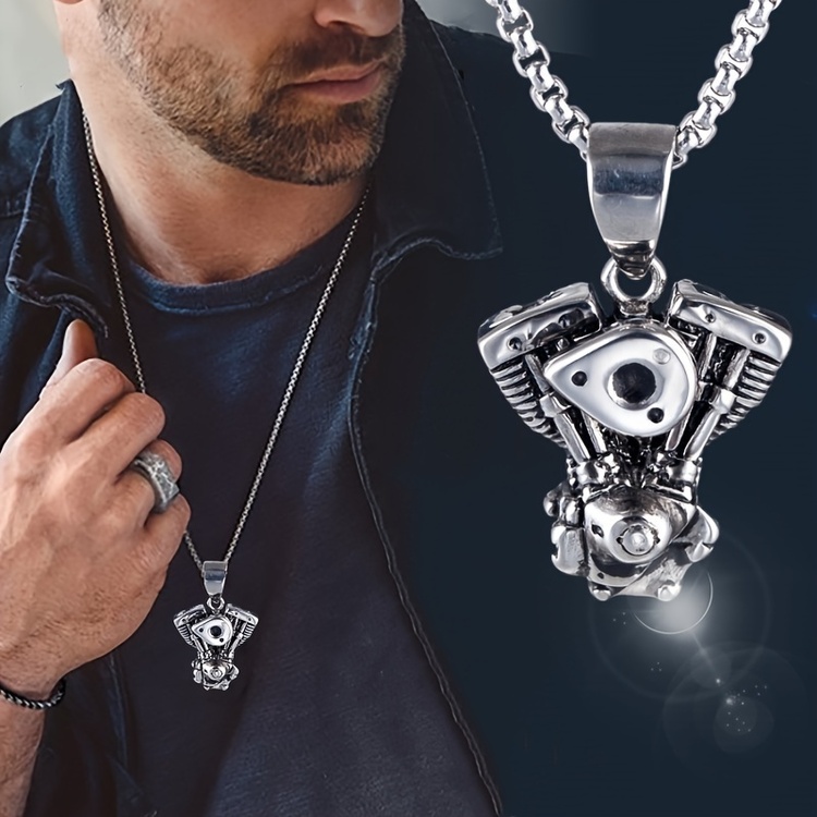 V-Twin Motor Kolye | Paslanmaz Çelik Motor Blok Tasarımı | Erkek Biker Kolyesi