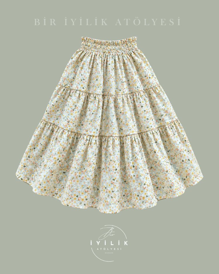 Çiçek Desenli Poplin Etek (Yeşil)