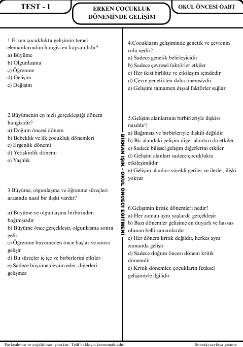 ERKEN ÇOCUKLUK DÖNEMİNDE GELİŞİM SORU BANKASI - 1. SEVİYE UZMANLAŞTIRAN SERİSİ (2027)