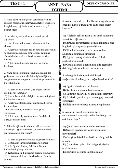 ANNE - BABA EĞİTİMİ SORU BANKASI - 1. SEVİYE UZMANLAŞTIRAN SERİSİ (2027)