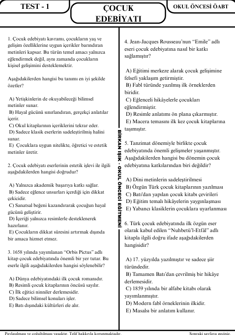 ÇOCUK EDEBİYATI SORU BANKASI - 1. SEVİYE UZMANLAŞTIRAN SERİSİ (2027)