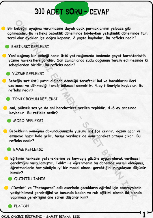 OKUL ÖNCESİ ÖABT 300 ADET SORU ve CEVAP NOTU (2026)
