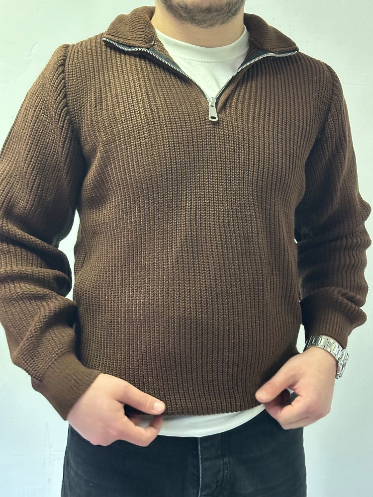 Yarım Fermuarlı Oversize Triko Kazak - Kahverengi