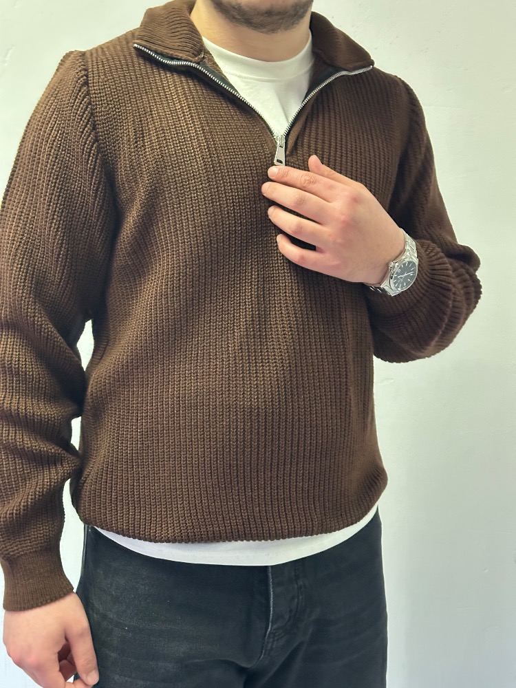 Yarım Fermuarlı Oversize Triko Kazak - Kahverengi