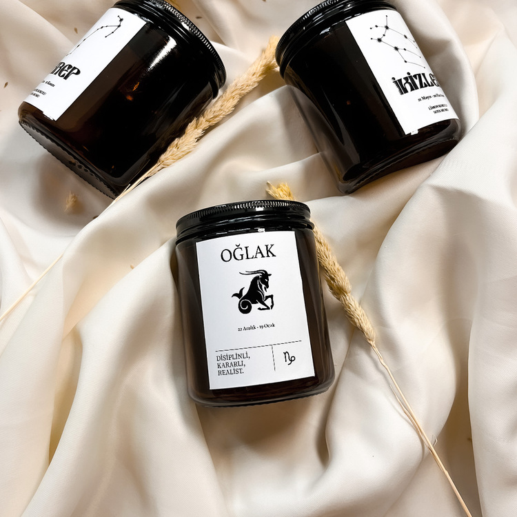 Oğlak Burcu Sandal Ağacı Kokulu %100 Soya Mumu Amber Kavanoz Mum