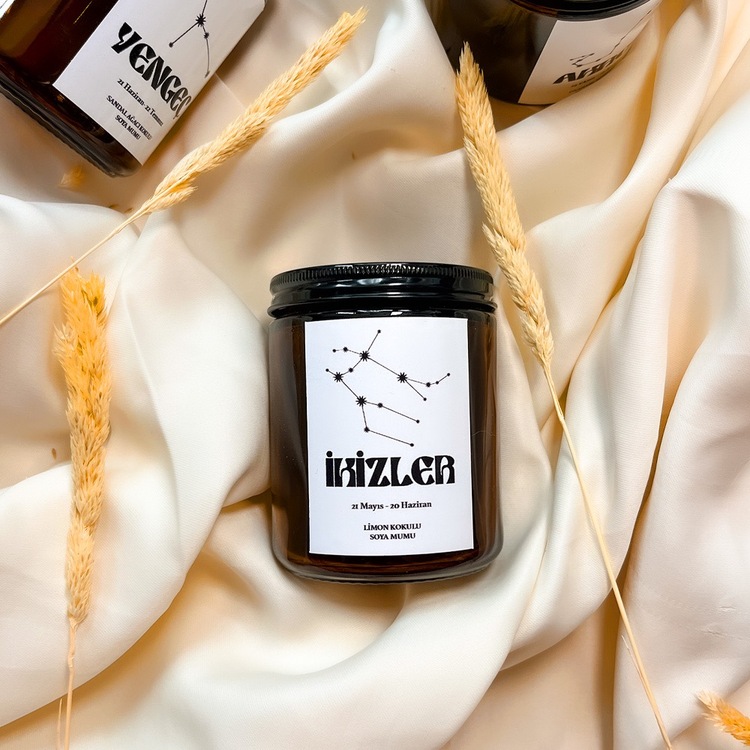 İkizler Burcu Limon Kokulu %100 Soya Mumu Amber Kavanoz Mum