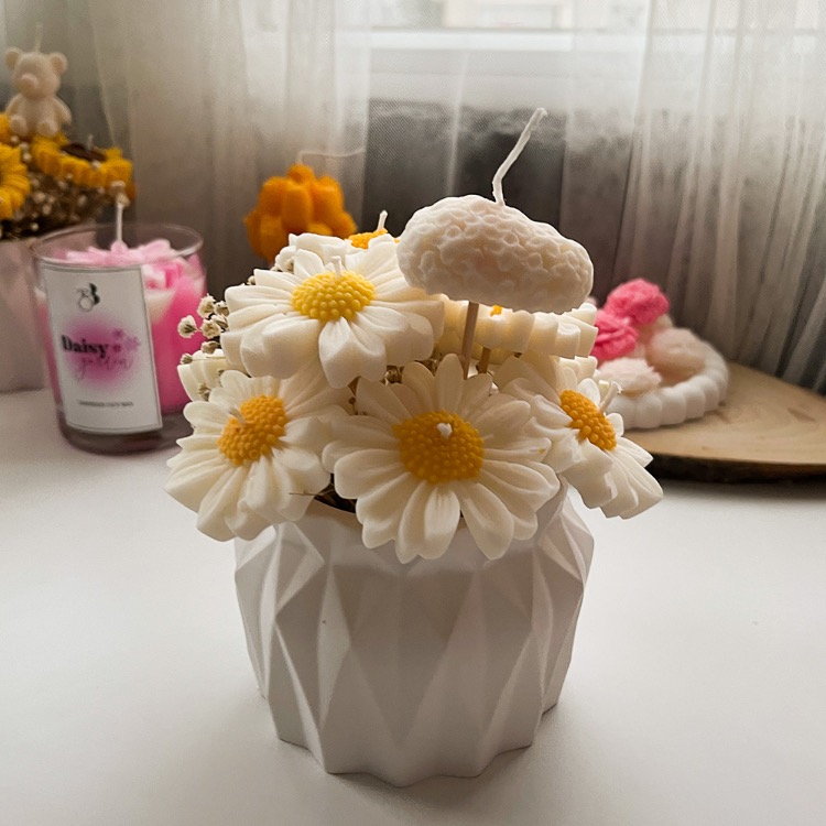 Papatya Figürlü Mum Buketi, %100 Soya Wax