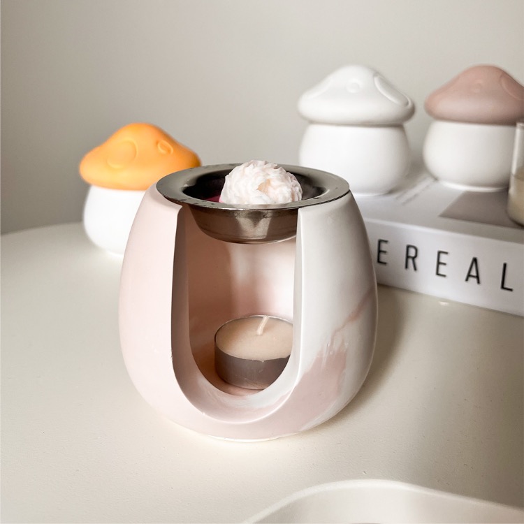 Pembe Oval Aromaterapi Buhurdanlığı – Eritmelik & Tealight Mum Seti Dahil