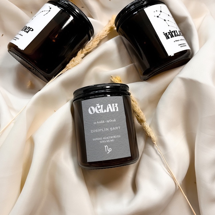 Oğlak Burcu Sandal Ağacı Kokulu %100 Soya Mumu Amber Kavanoz Mum