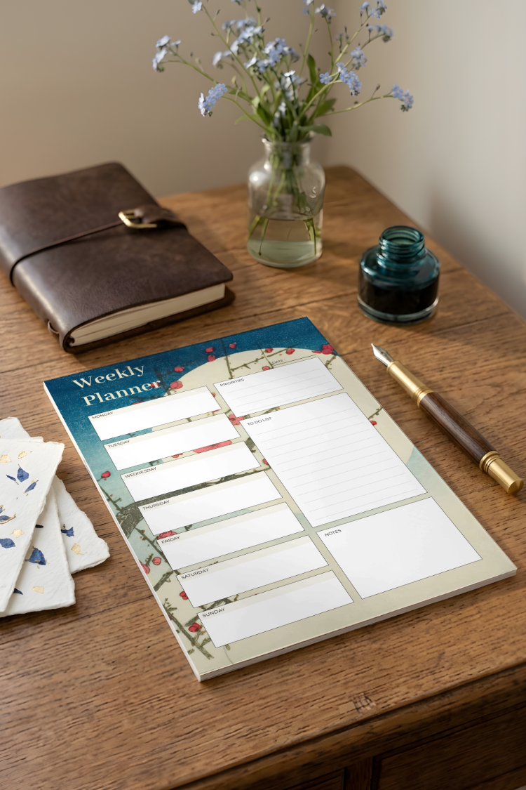 A4 Red Plum Branch Weekly Planner – Printable PDF & PNG