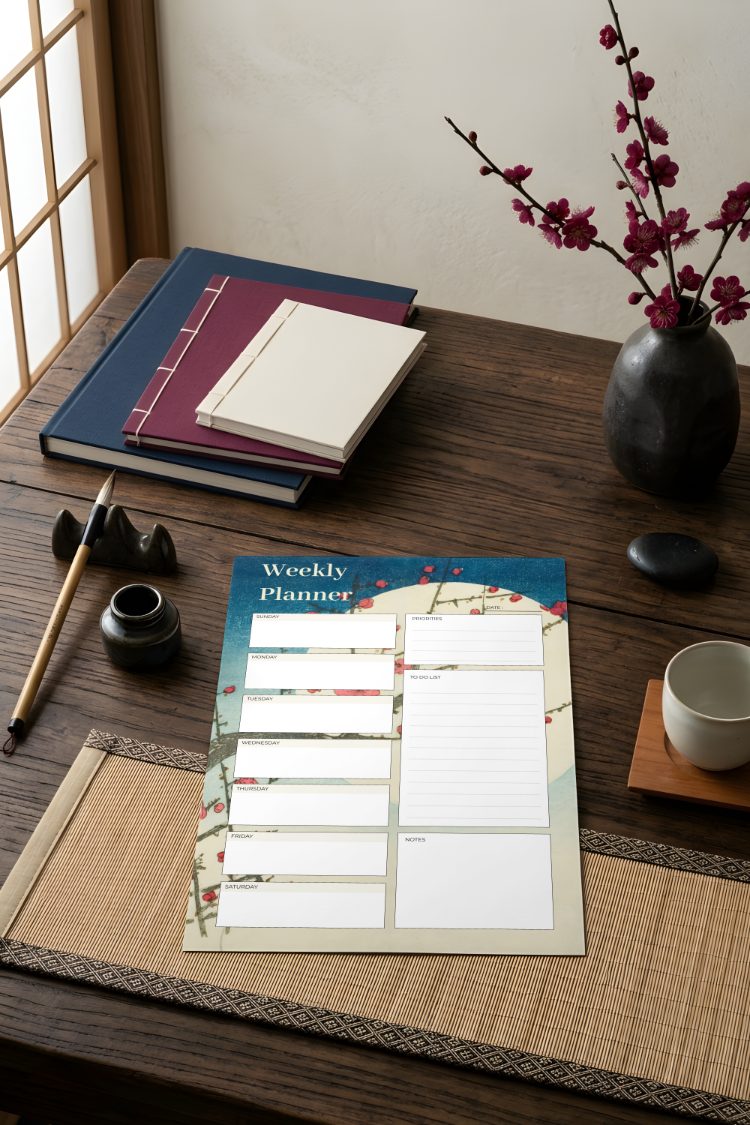 A4 Red Plum Branch Weekly Planner – Printable PDF & PNG