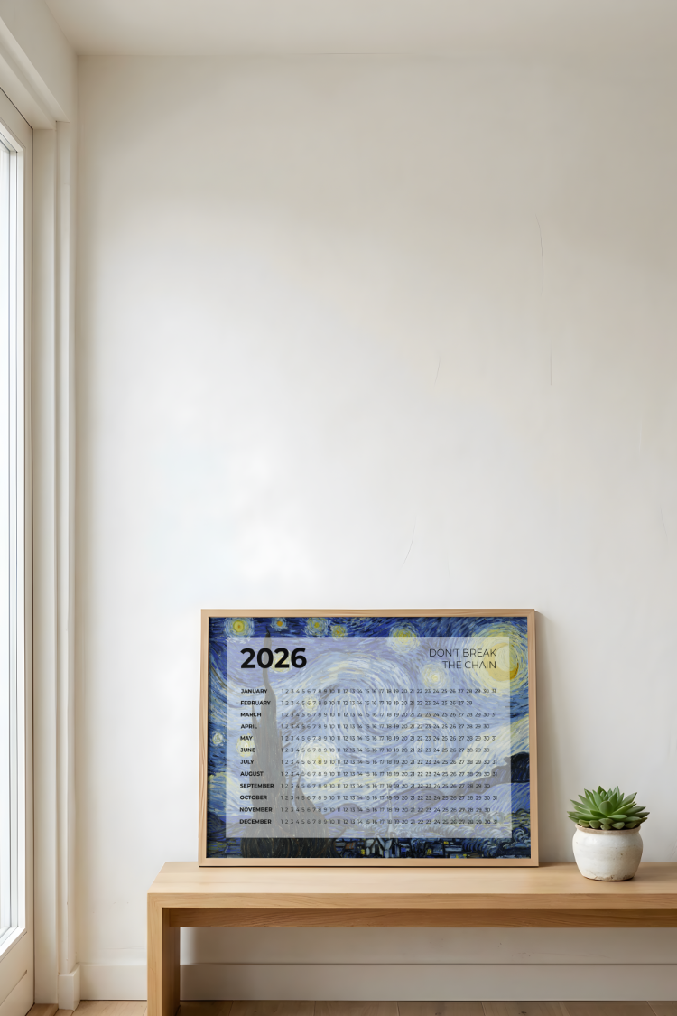 A2 Printable “Don’t Break the Chain” 2026 Annual Calendar – Starry Night
