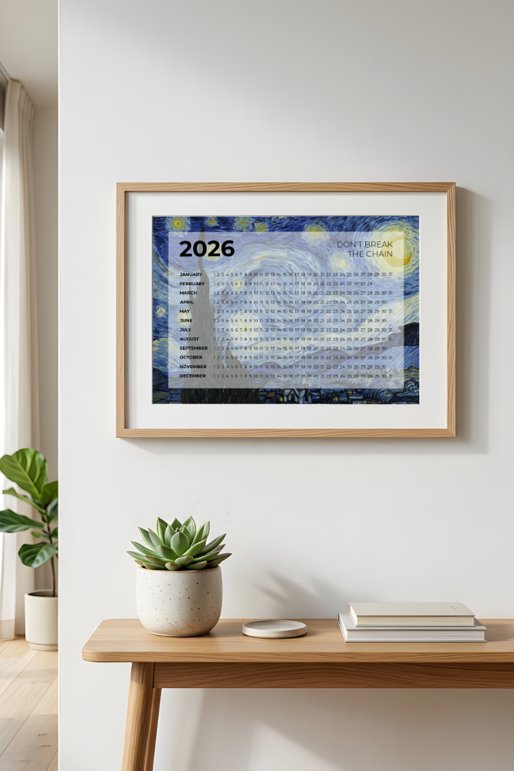 A2 Printable “Don’t Break the Chain” 2026 Annual Calendar – Starry Night