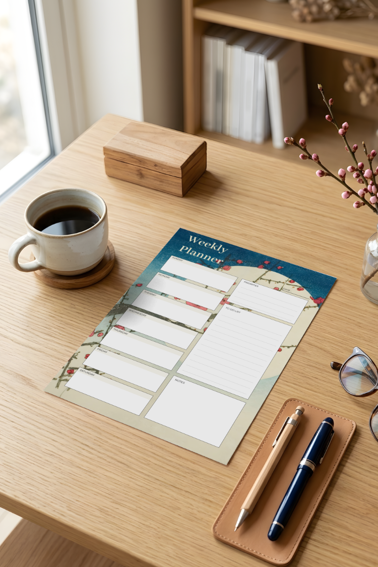 A4 Red Plum Branch Weekly Planner – Printable PDF & PNG