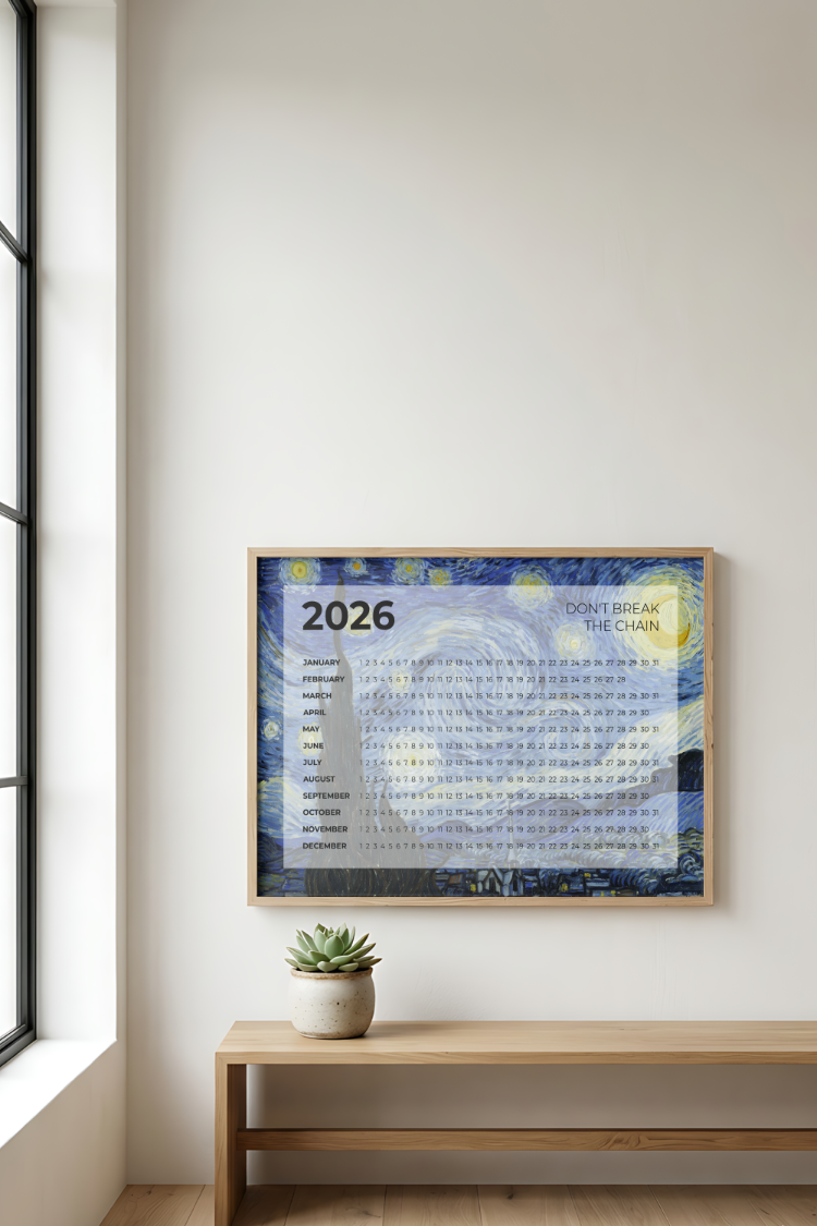 A2 Printable “Don’t Break the Chain” 2026 Annual Calendar – Starry Night