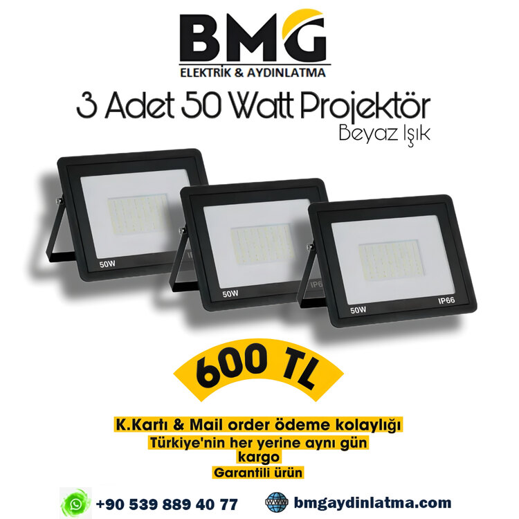 3 Adet 50 Watt Led Projektör 
