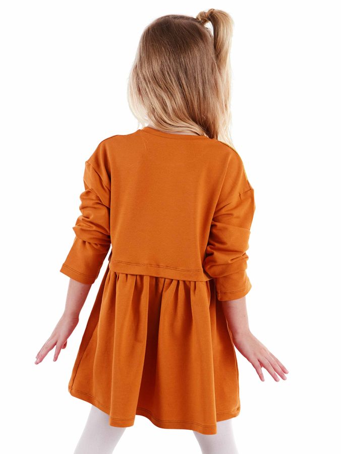 Denokids Turuncu Leoparlı Beli Lastikli Uzun Kollu Kız Çocuk Elbise

