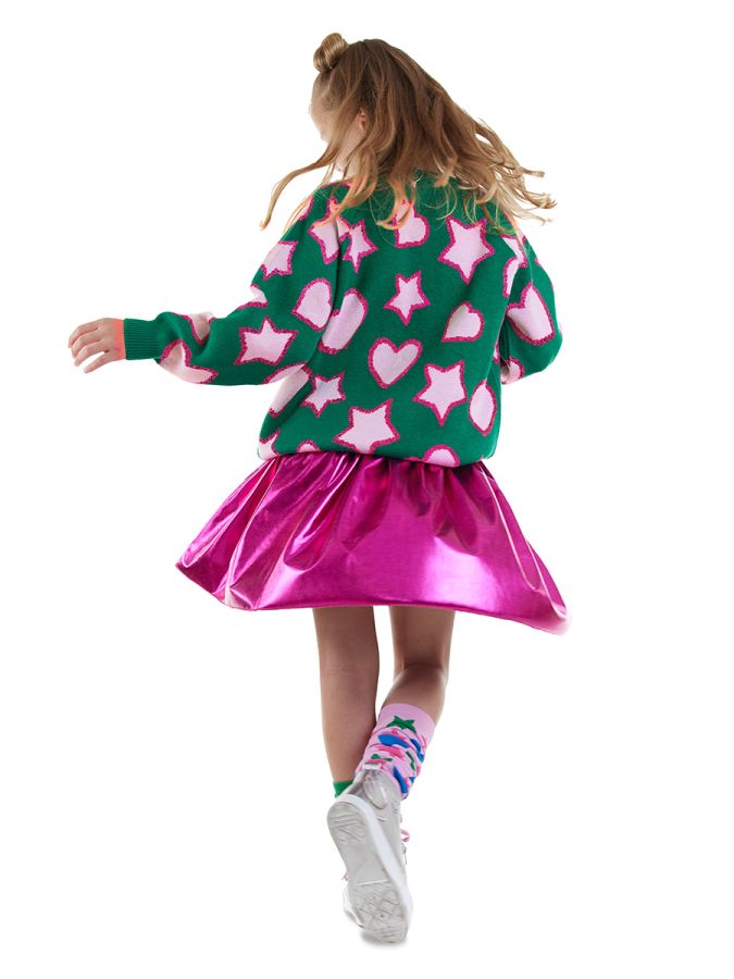 Denokids Yıldızlı Kalp Kız Çocuk Yeşil Triko Kazak