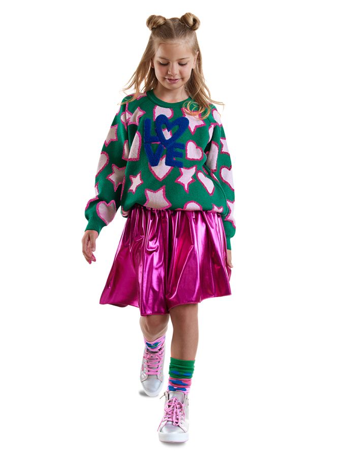 Denokids Yıldızlı Kalp Kız Çocuk Yeşil Triko Kazak