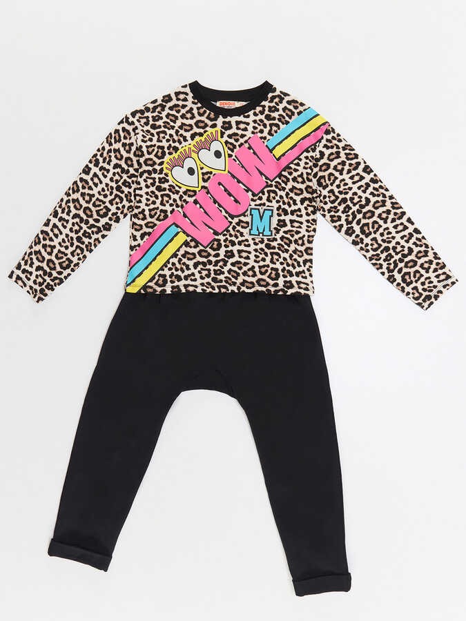 Mushi - Wow Leopar Kız Çocuk T-shirt Pantolon Takım