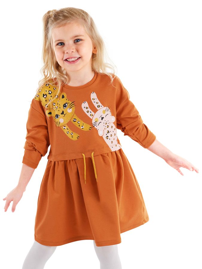 Denokids Turuncu Leoparlı Beli Lastikli Uzun Kollu Kız Çocuk Elbise

