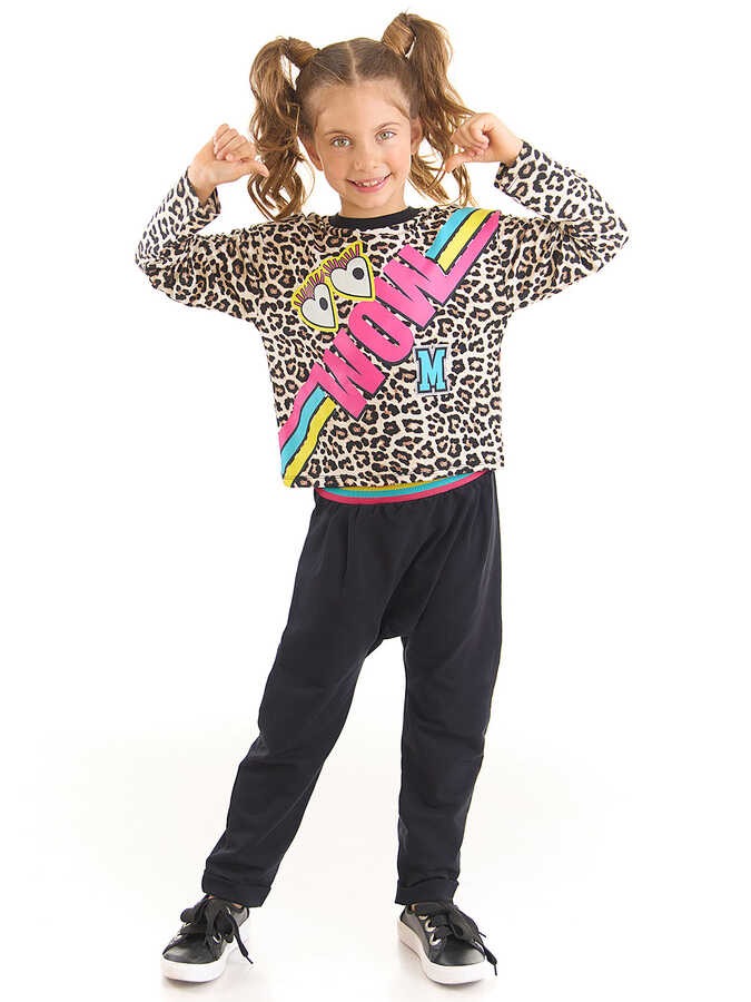 Mushi - Wow Leopar Kız Çocuk T-shirt Pantolon Takım