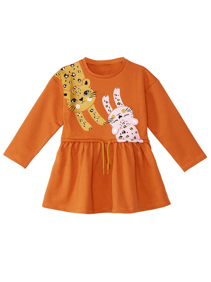 Denokids Turuncu Leoparlı Beli Lastikli Uzun Kollu Kız Çocuk Elbise

