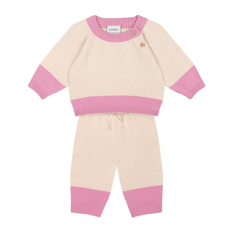 antebies Pembe Kontrastlı Krem Triko Set