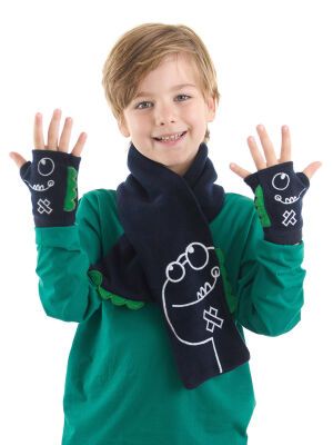 DENOKIDS - Tırtır Dino Erkek Çocuk Polar Atkı- Eldiven Takım