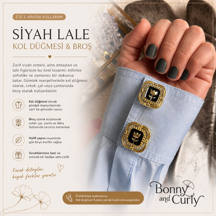 Siyah Lale Kol Düğmesi & Broş