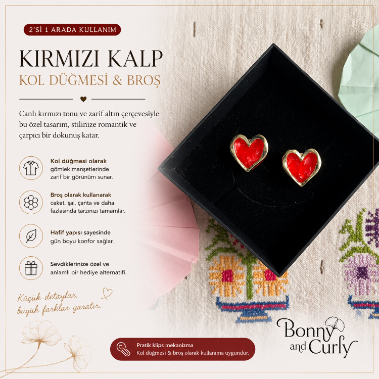 ❤️ Kırmızı Kalp Kol Düğmesi & Broş ❤️