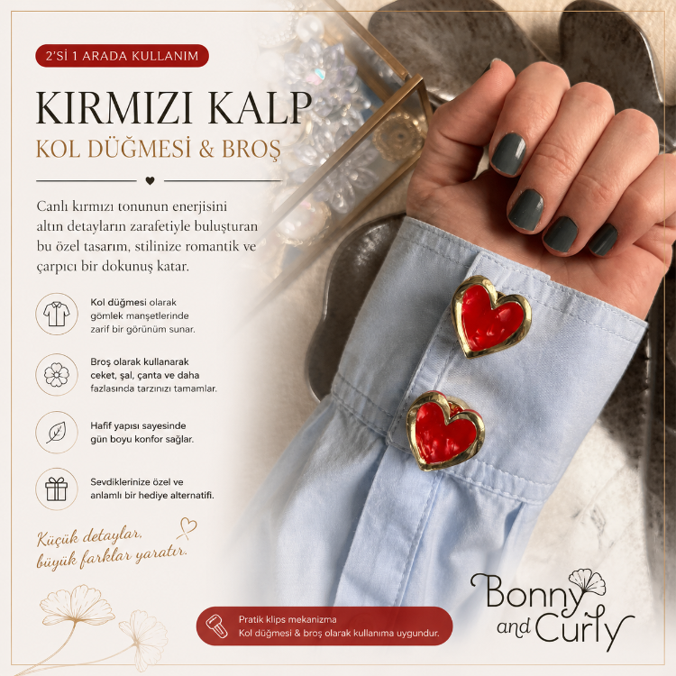 ❤️ Kırmızı Kalp Kol Düğmesi & Broş ❤️