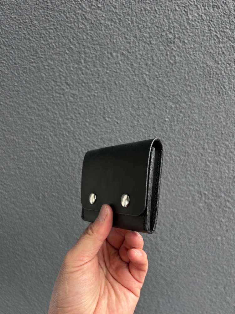 Çıtçıtlı Siyah Deri Cüzdan - El Yapımı Minimalist Kartlık - Hakiki Deri 