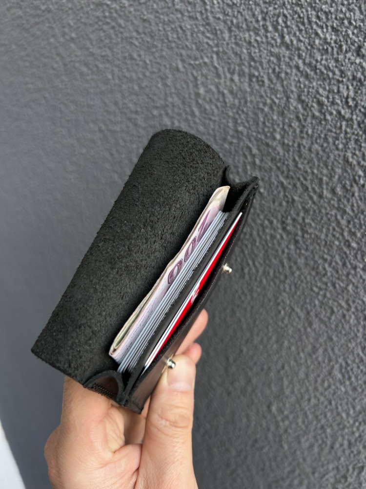 Çıtçıtlı Siyah Deri Cüzdan - El Yapımı Minimalist Kartlık - Hakiki Deri 