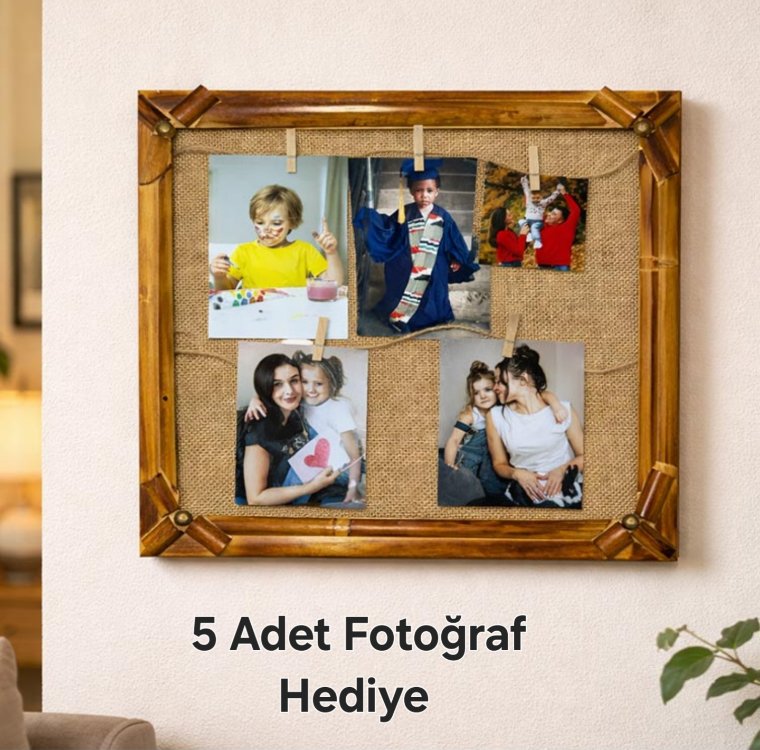 Bambu Çerçeveli Fotoğraf Panosu – 5 Adet Fotoğraf Hediyeli! 