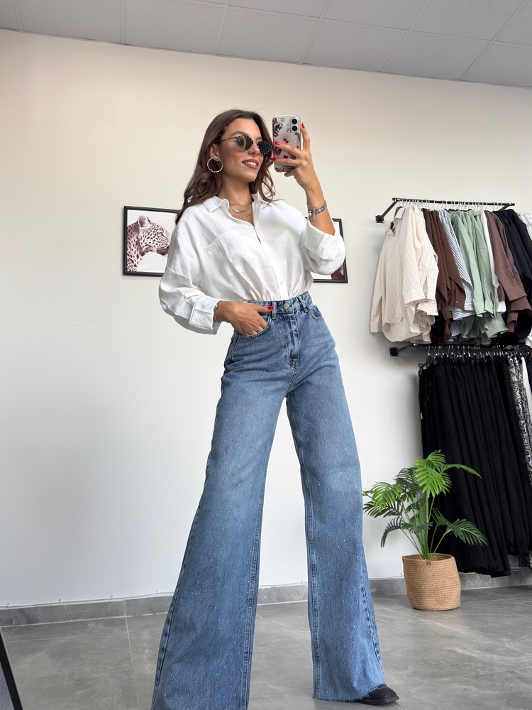 Taşlı Wide Leg Kot Pantolon