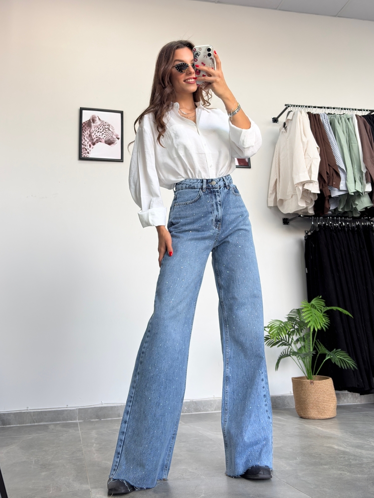 Taşlı Wide Leg Kot Pantolon