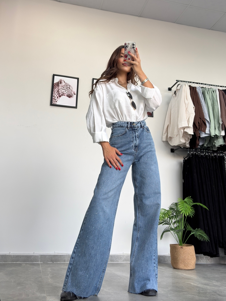 Taşlı Wide Leg Kot Pantolon
